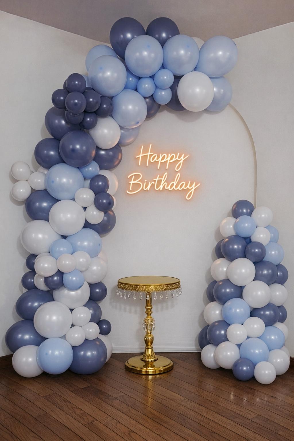 Birthday balloon décor in blue and white — Event Ease Balloon Décor NJ