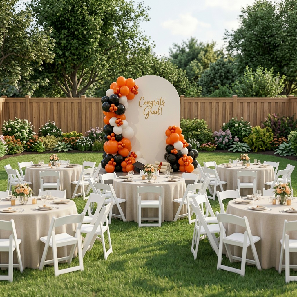 Graduation balloon setup with party rental tables and chairs — Event Ease Balloon Décor NJ
